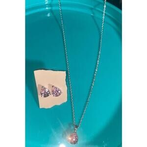 Genuine CZ Stones Necklace, 1" Pink Crystal Pendant & Earring Set 12” Chain